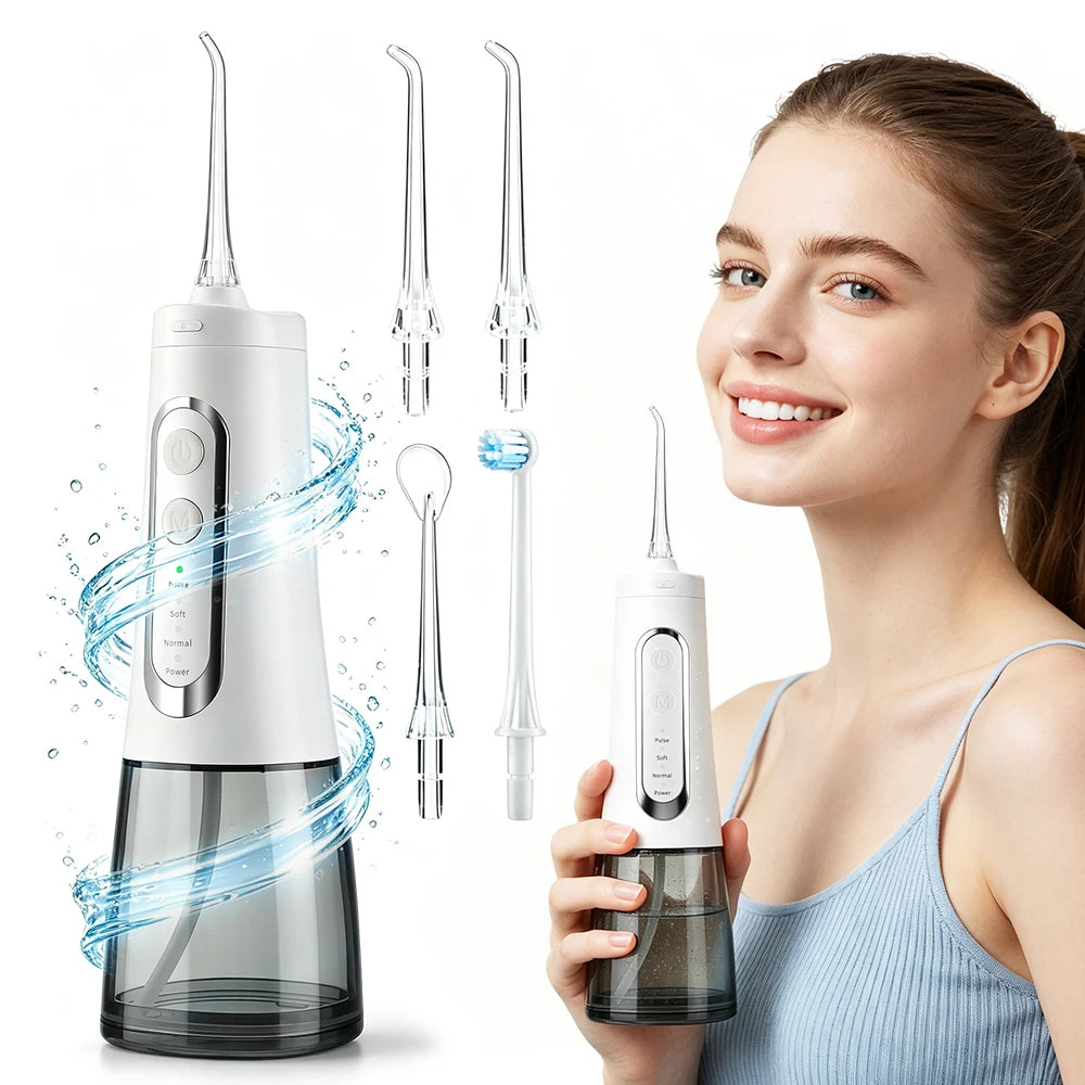 A woman holds a white and dark gray oral irrigator water flosser, with the device and several interchangeable nozzles displayed beside her on a clean white background. Blue water-effect graphics surround the main device.