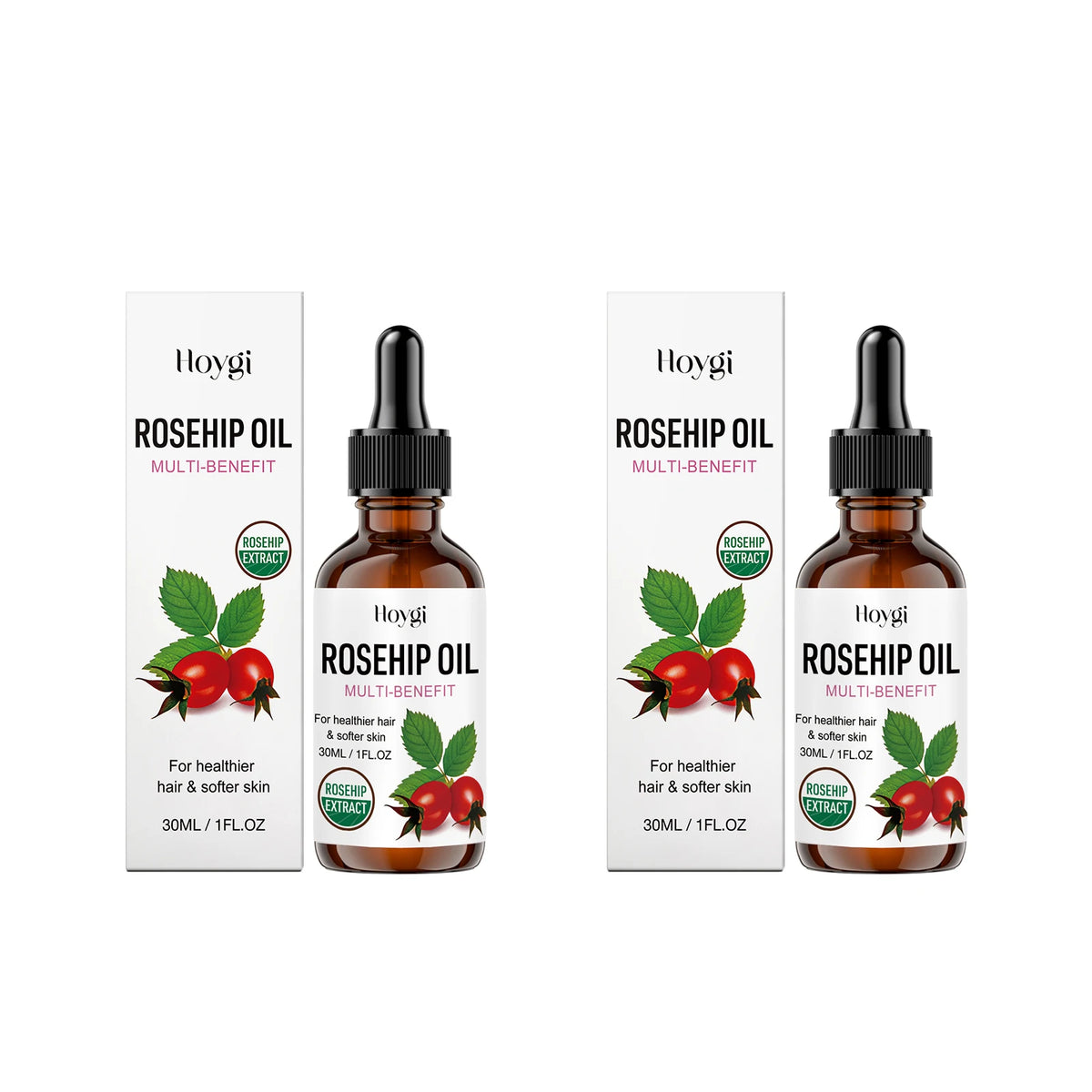Two bottles of Hoygi Rosehip Oil Multi-Benefit alongside their matching white packaging boxes, displayed on a clean white background.