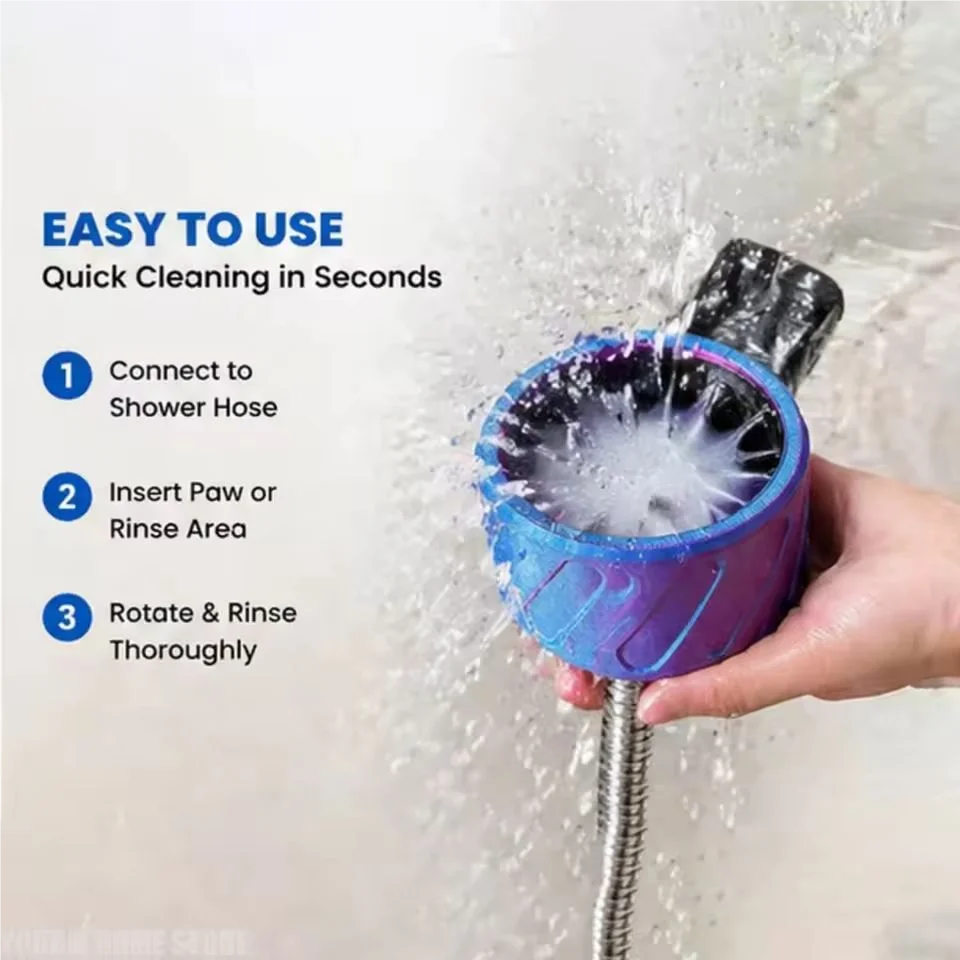 A hand holding a blue and purple pet grooming brush nozzle connected to a shower hose, with water spraying during use. The left side includes text reading 'EASY TO USE' and three numbered steps for quick cleaning.