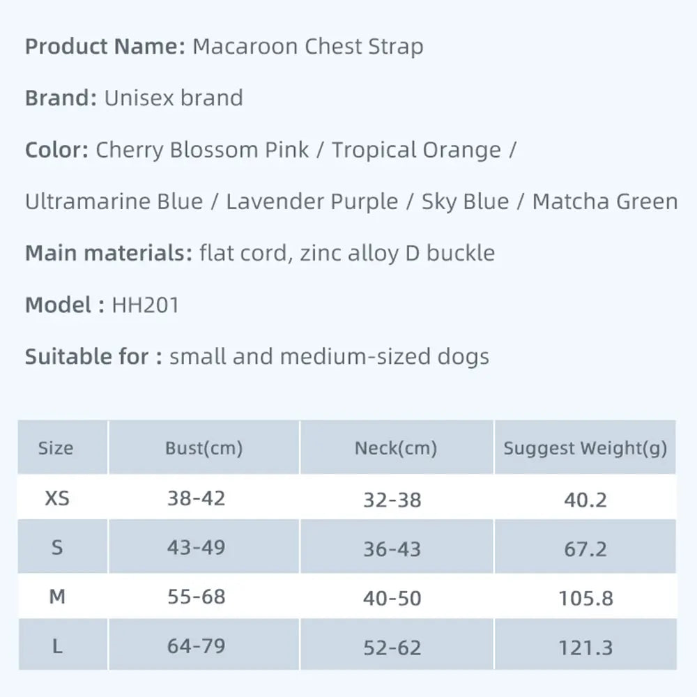 Product details of a macaroon chest strap with color options and size chart.