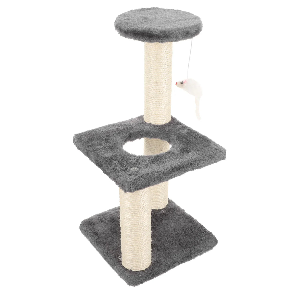 Cat tree with gray and beige levels on a white background