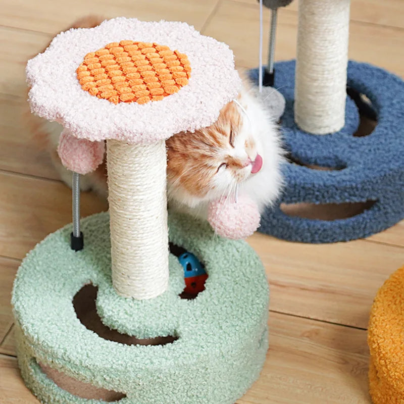 Cat playing with a cat tree designed like an egg on a wooden floor.