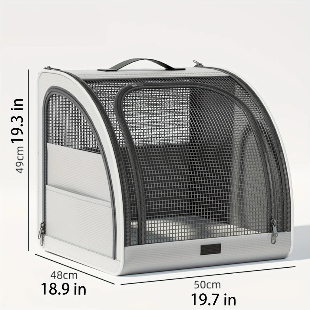 Pet carrier with dimensions indicated on a white background