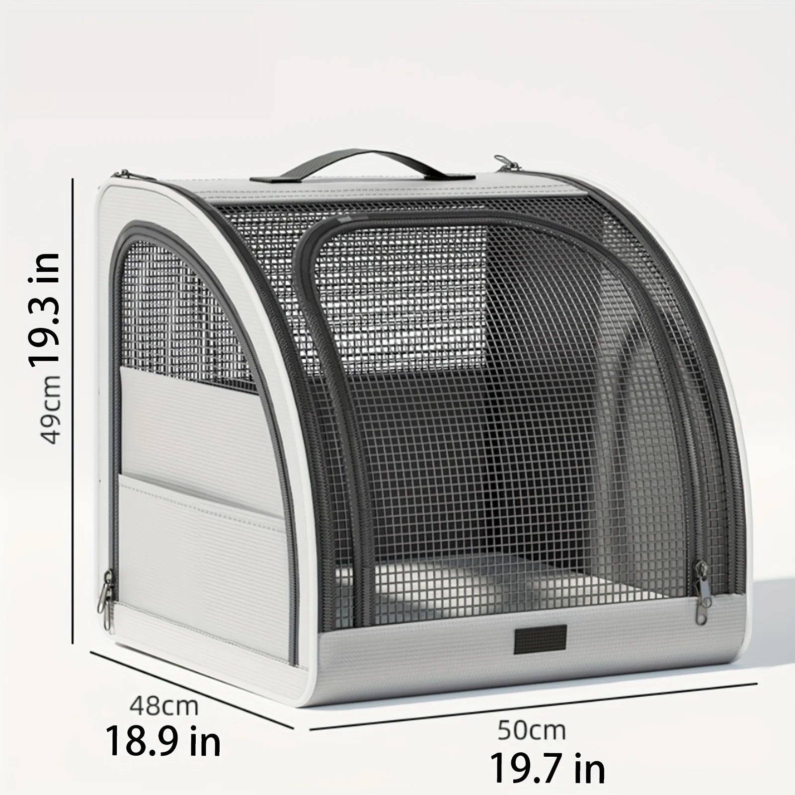 Pet carrier with dimensions indicated on a white background