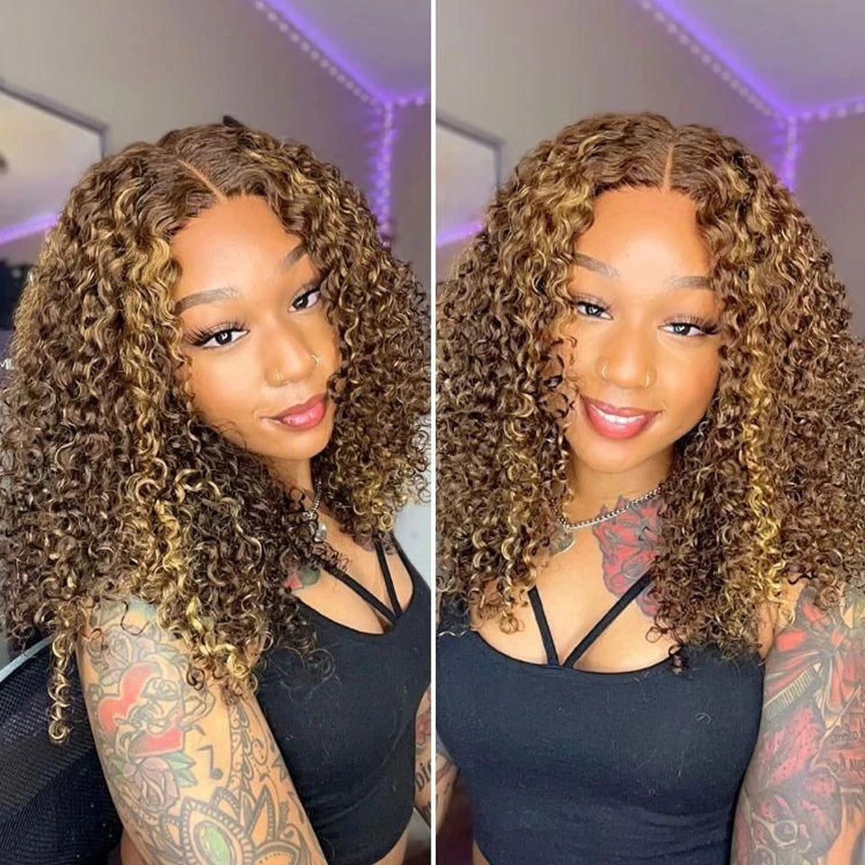 A side-by-side comparison of a woman wearing a curly wig. The wig has a medium brown base with warm golden blonde highlights in the curls.