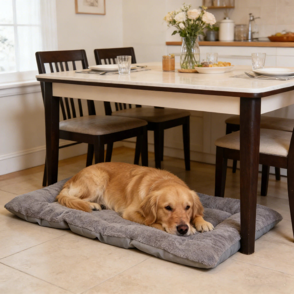 Dog lying on a large gray pet bed in a dining room.