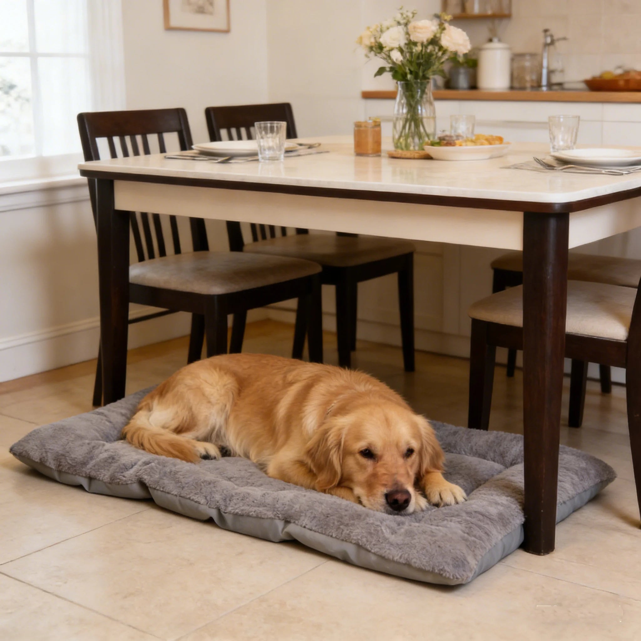 Dog lying on a large gray pet bed in a dining room.