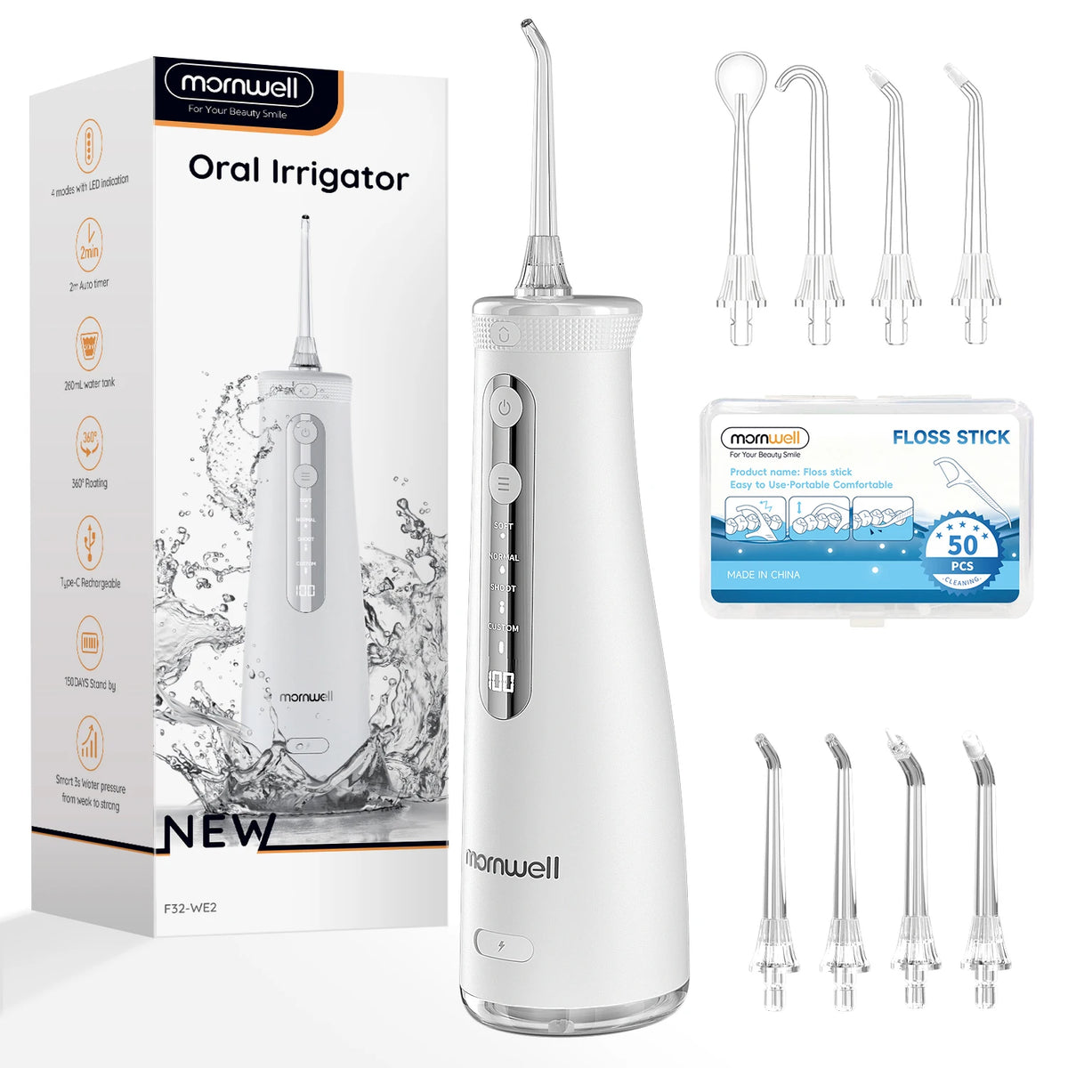 Mornwell oral irrigator with packaging and additional nozzles on a white background