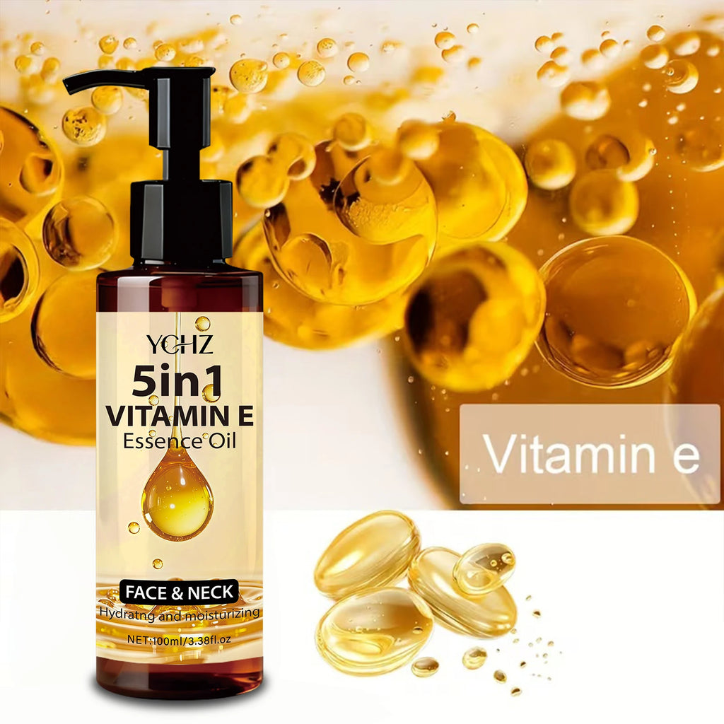 YCHZ 5in1 Vitamin E Essence Oil bottle with oil droplets and capsules on a gradient background