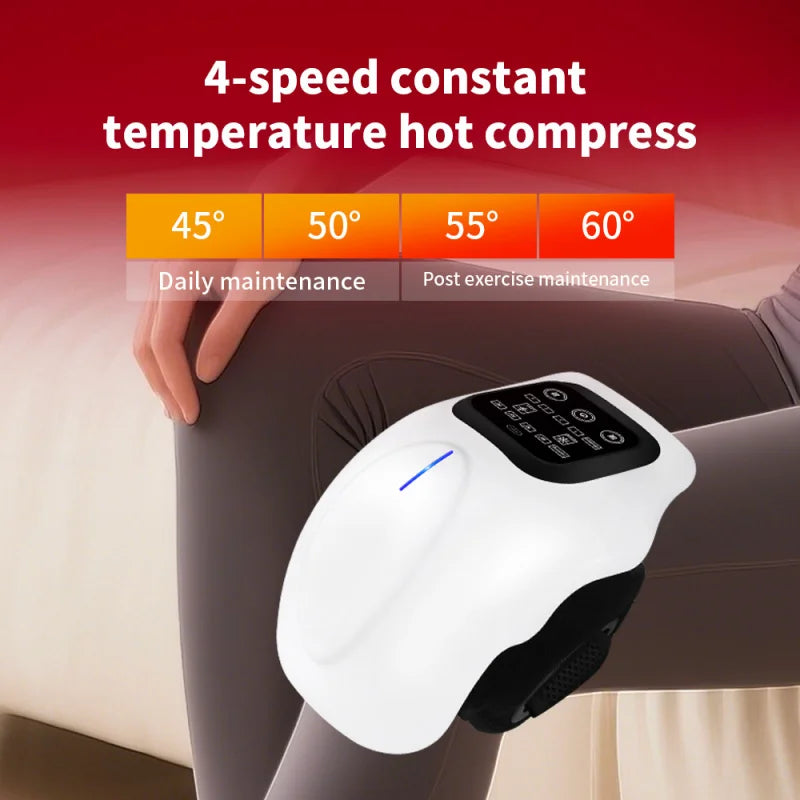 4-speed constant temperature hot compress device on a leg with temperature settings displayed.