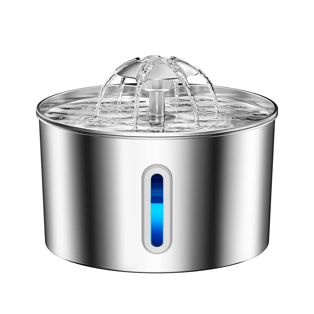 Stainless steel pet water fountain on a white background