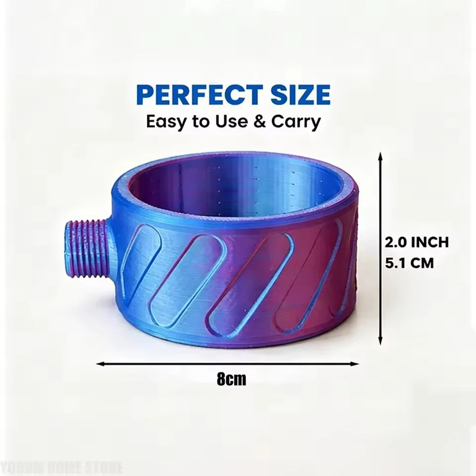 A blue and purple iridescent metal ring-shaped accessory with a threaded side port, shown on a white background with text indicating dimensions: 8 cm wide, 2.0 inch (5.