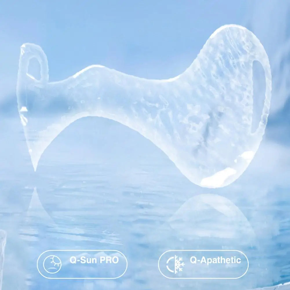 Clear silicone mask with 'Q-Sun PRO' and 'Q-Apathetic' labels on a blue gradient background