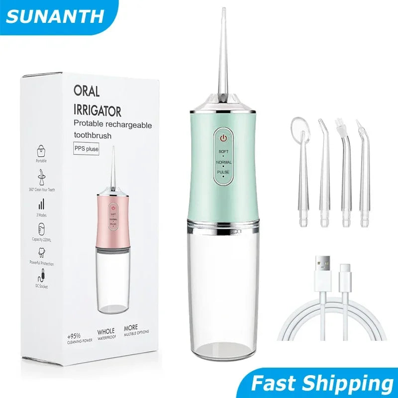 SUNANTH oral irrigator with packaging and accessories on a white background