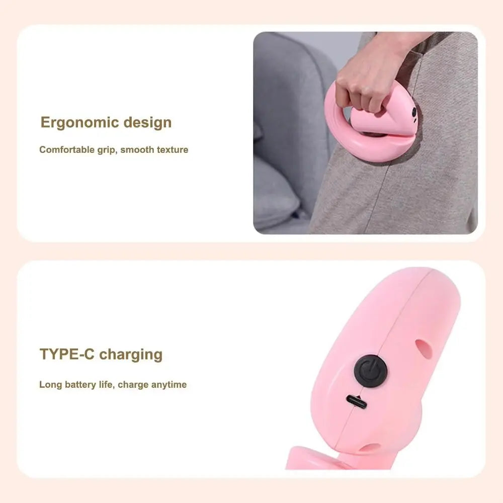 A promotional graphic for a pink handheld personal care device, showing two panels with text callouts: 'Ergonomic design' with a hand holding the device against gray clothing, and 'TYPE-C charging' with a close-up of the pink device body and charging port.