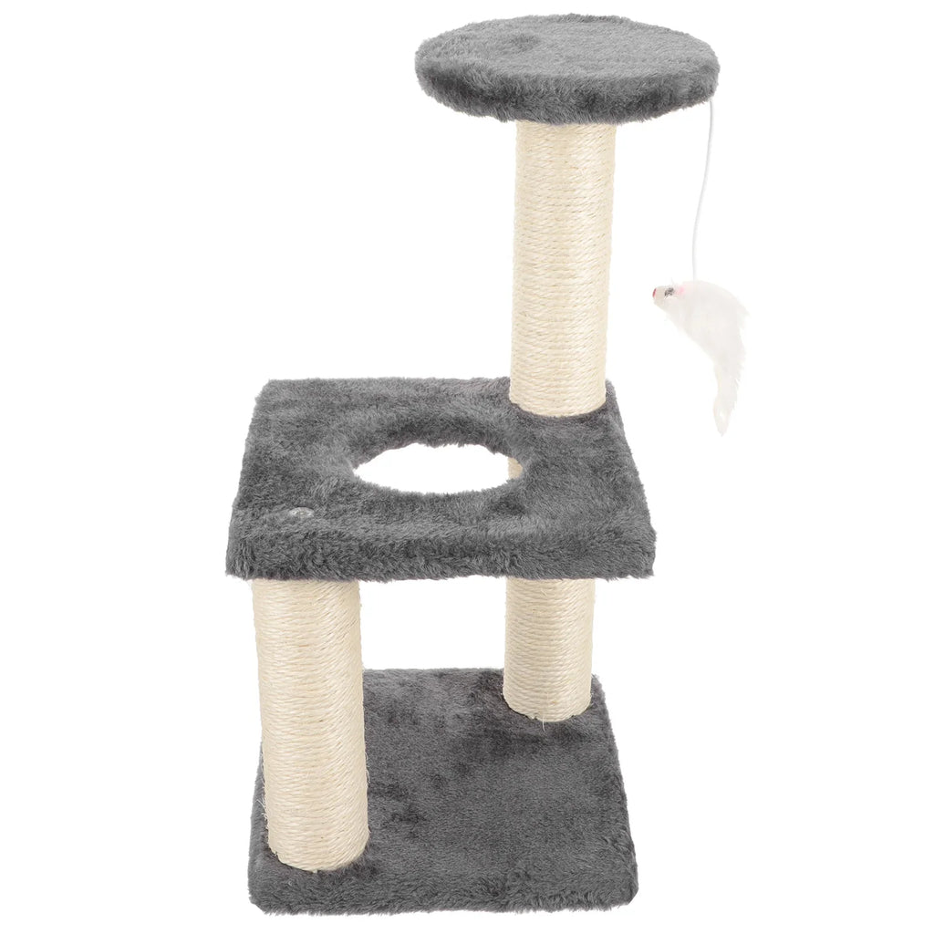 Cat tree with gray platform and beige posts on a white background