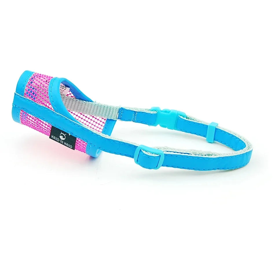 Blue and pink dog harness on a white background