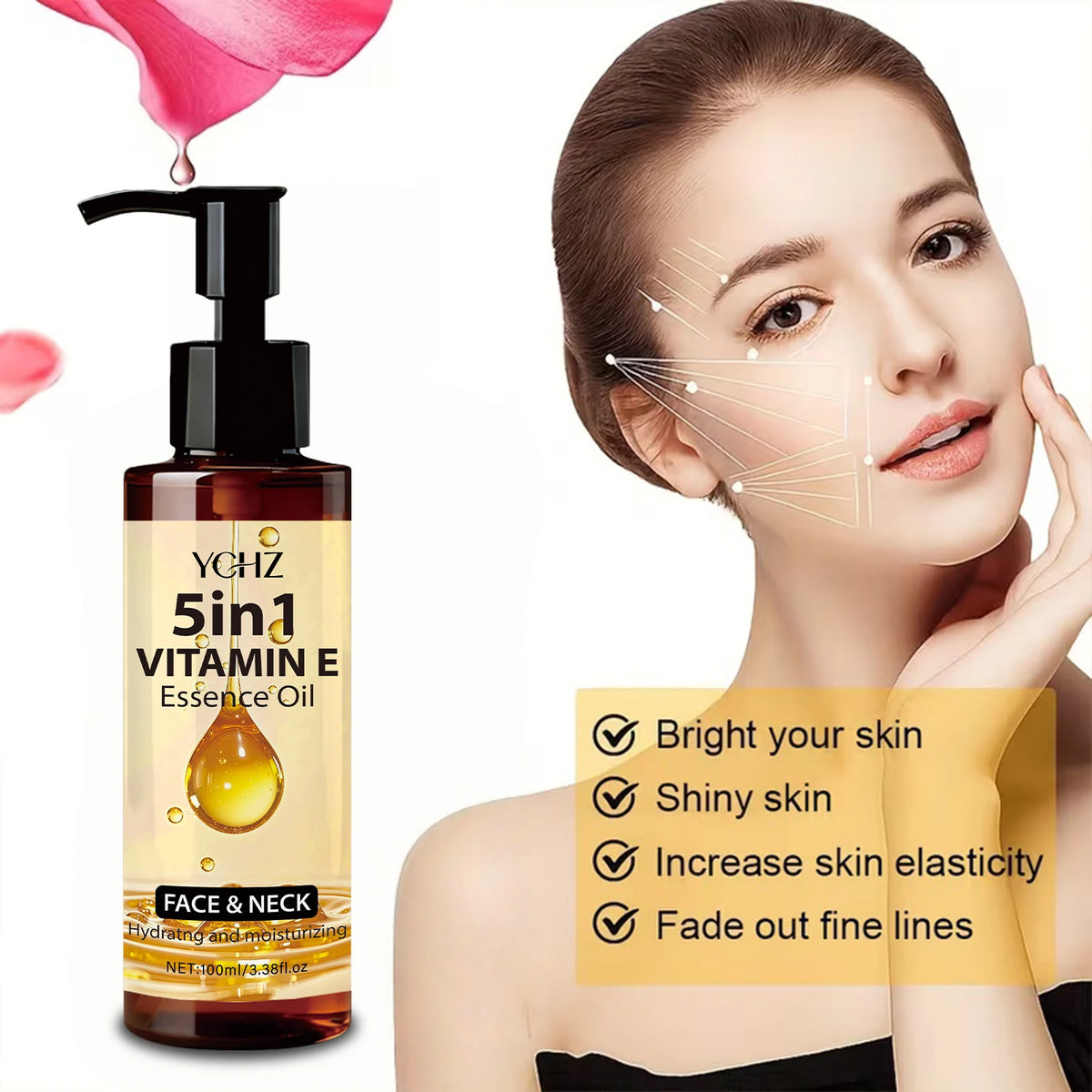YCHZ 5in1 Vitamin E Essence Oil bottle with a woman's face and text highlighting product benefits on a white background.