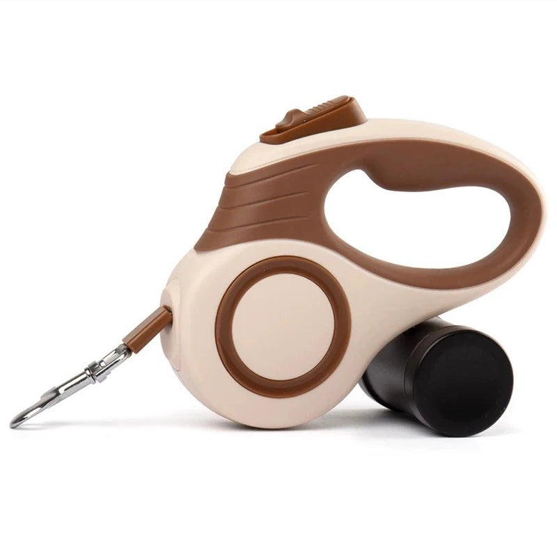 Retractable dog leash with brown and beige design on a white background