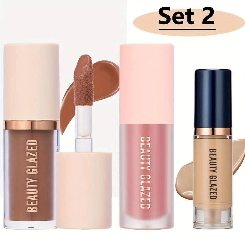 Set of Beauty Glazed lip products including lip glosses and a lip liner on a white background.