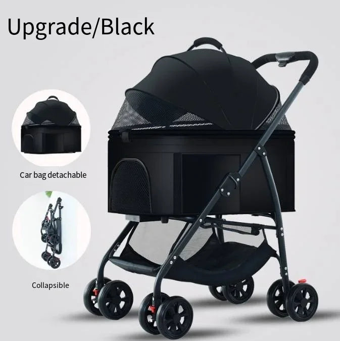 Black stroller with detachable car bag and collapsible feature on a light gray background