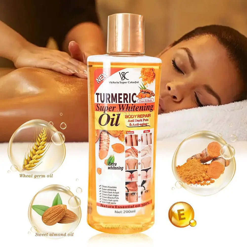 Turmeric super whitening oil bottle with ingredients and benefits displayed on a blurred background of a person receiving a massage.