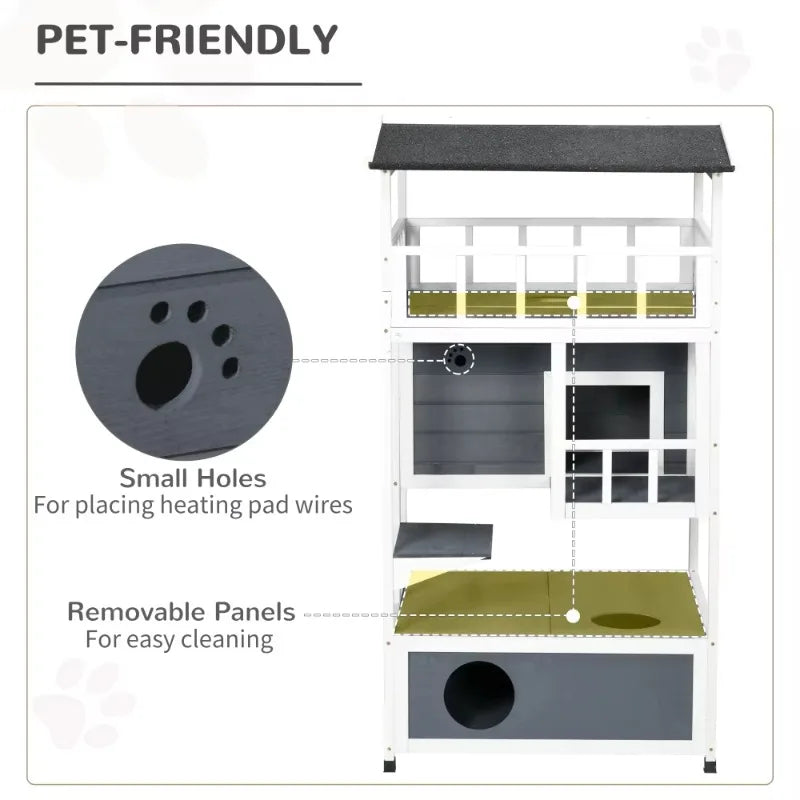 Pet-friendly furniture with small holes for heating pad wires and removable panels for cleaning, on a white background.