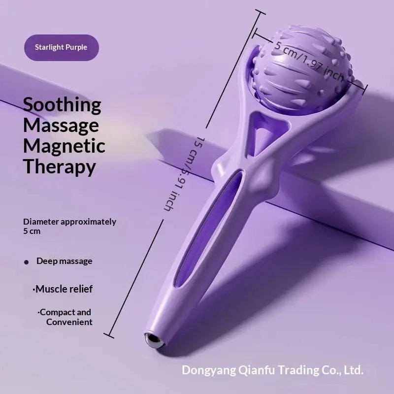 Purple massage tool with text on a purple background
