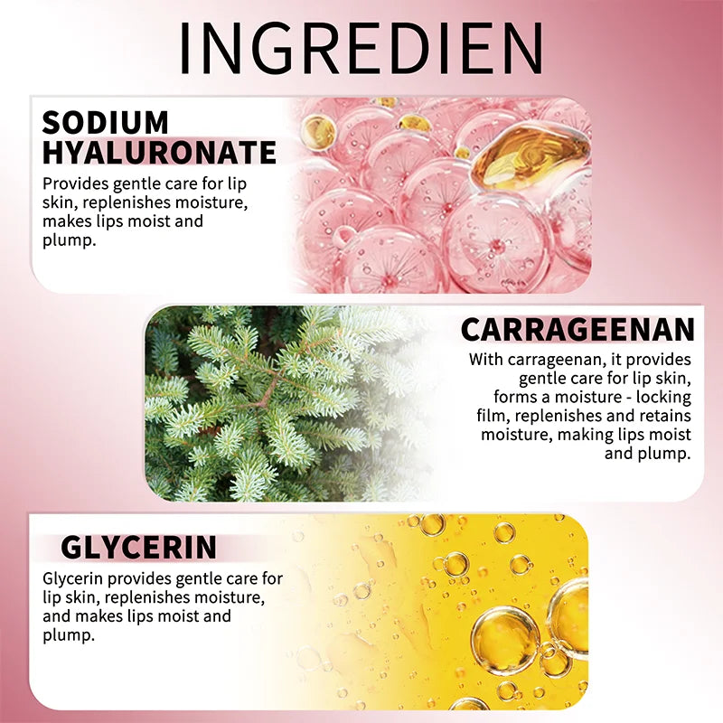Ingredients of a lip care product with images and descriptions on a pink background