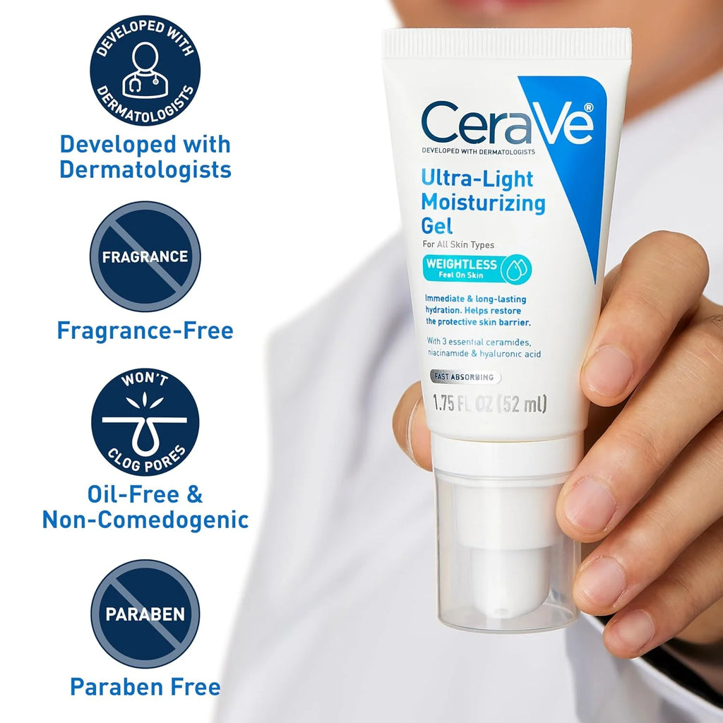 CeraVe Ultra-Light Moisturizing Gel being held with product features highlighted