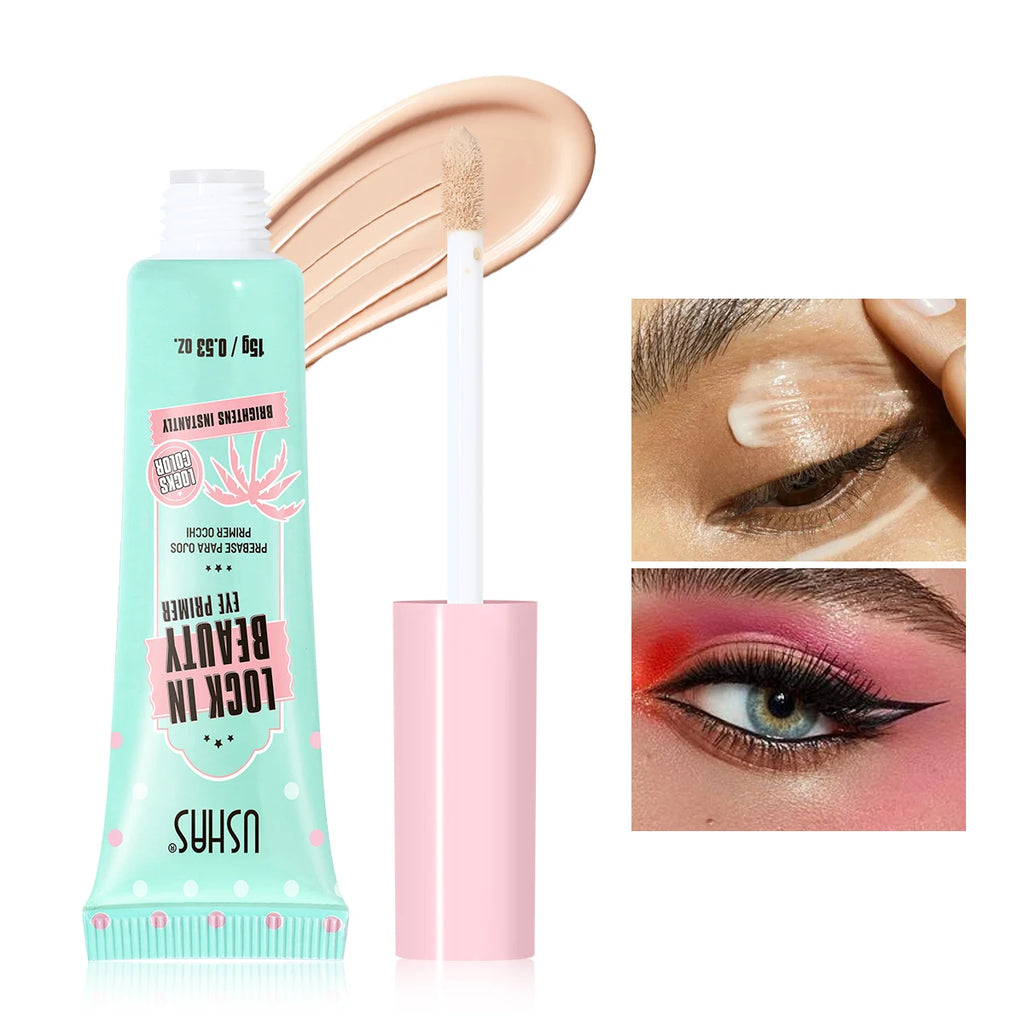 Cosmetic tube with applicator and close-up of eye makeup application