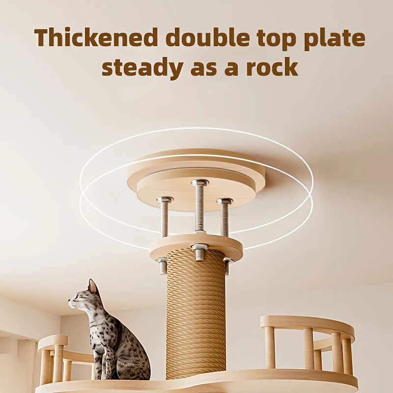 Cat sitting on a wooden cat tree with text about a thickened double top plate.