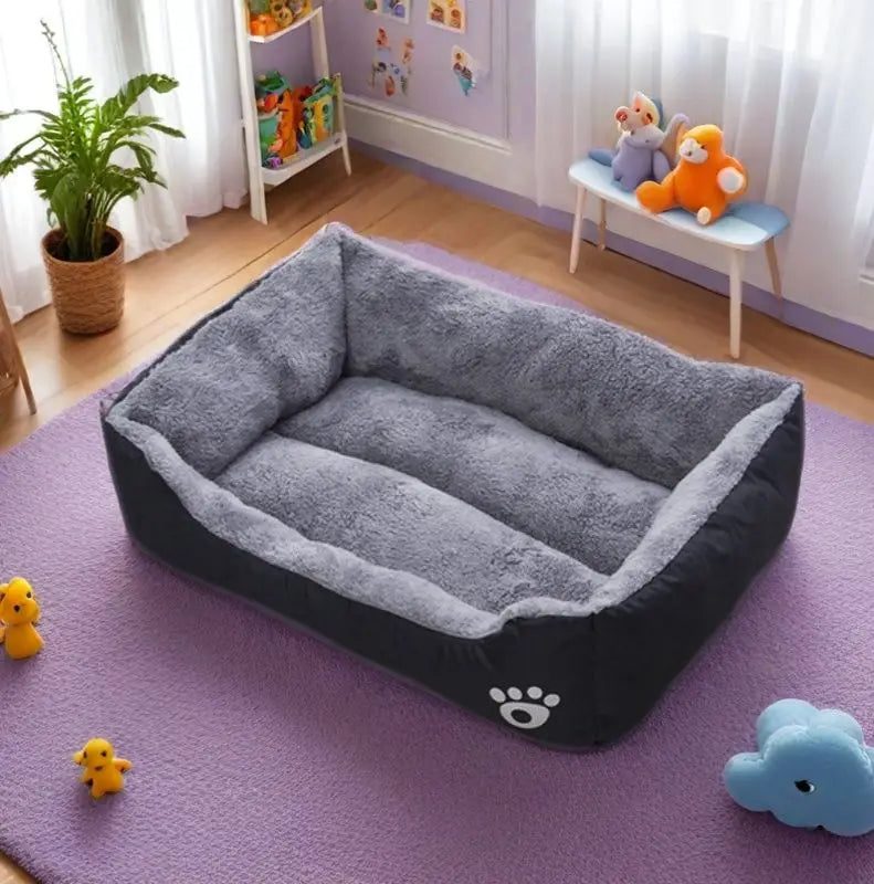 Pet bed on a purple rug with toys around in a room setting