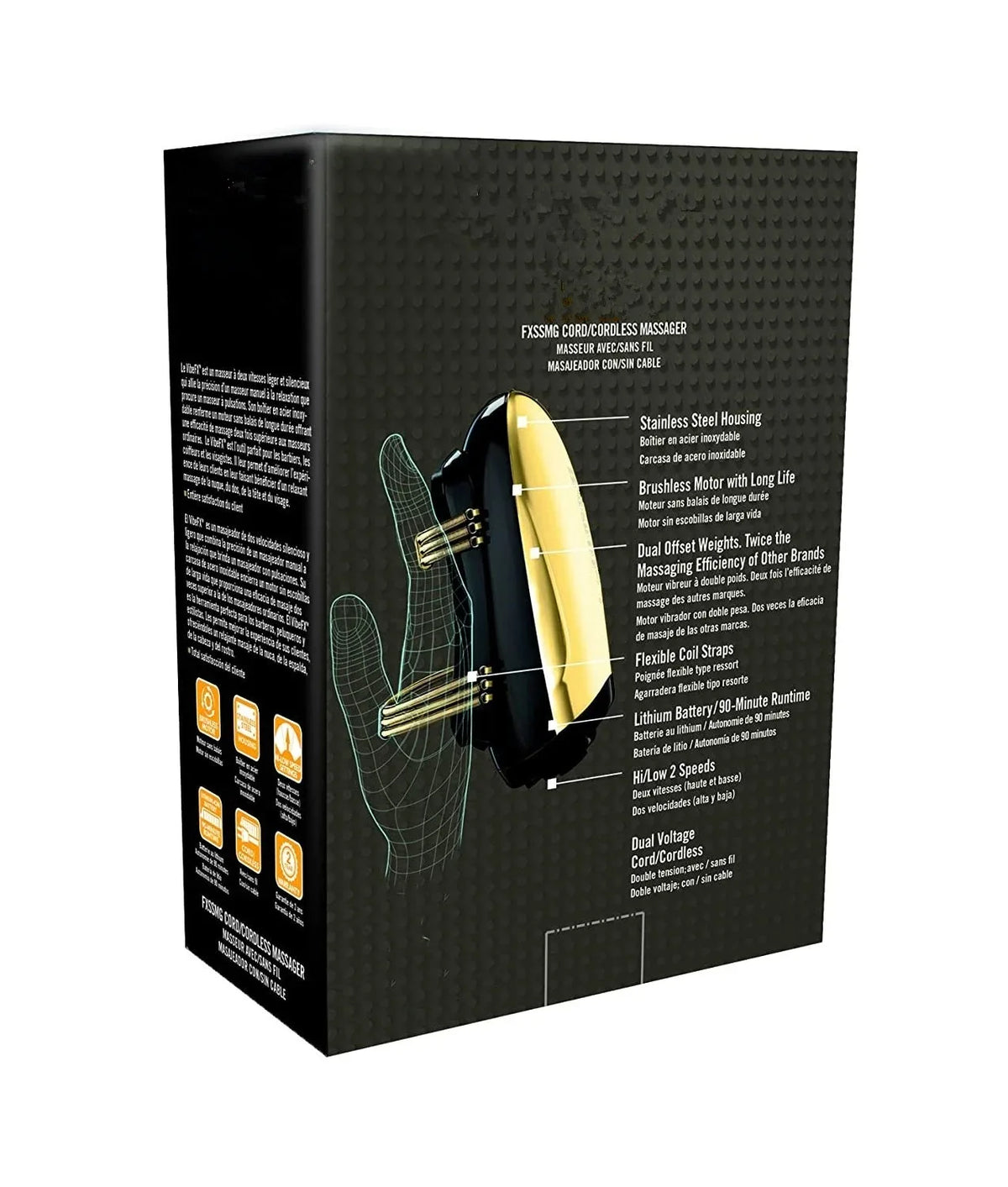 Black packaging box with a gold and black device on a white background