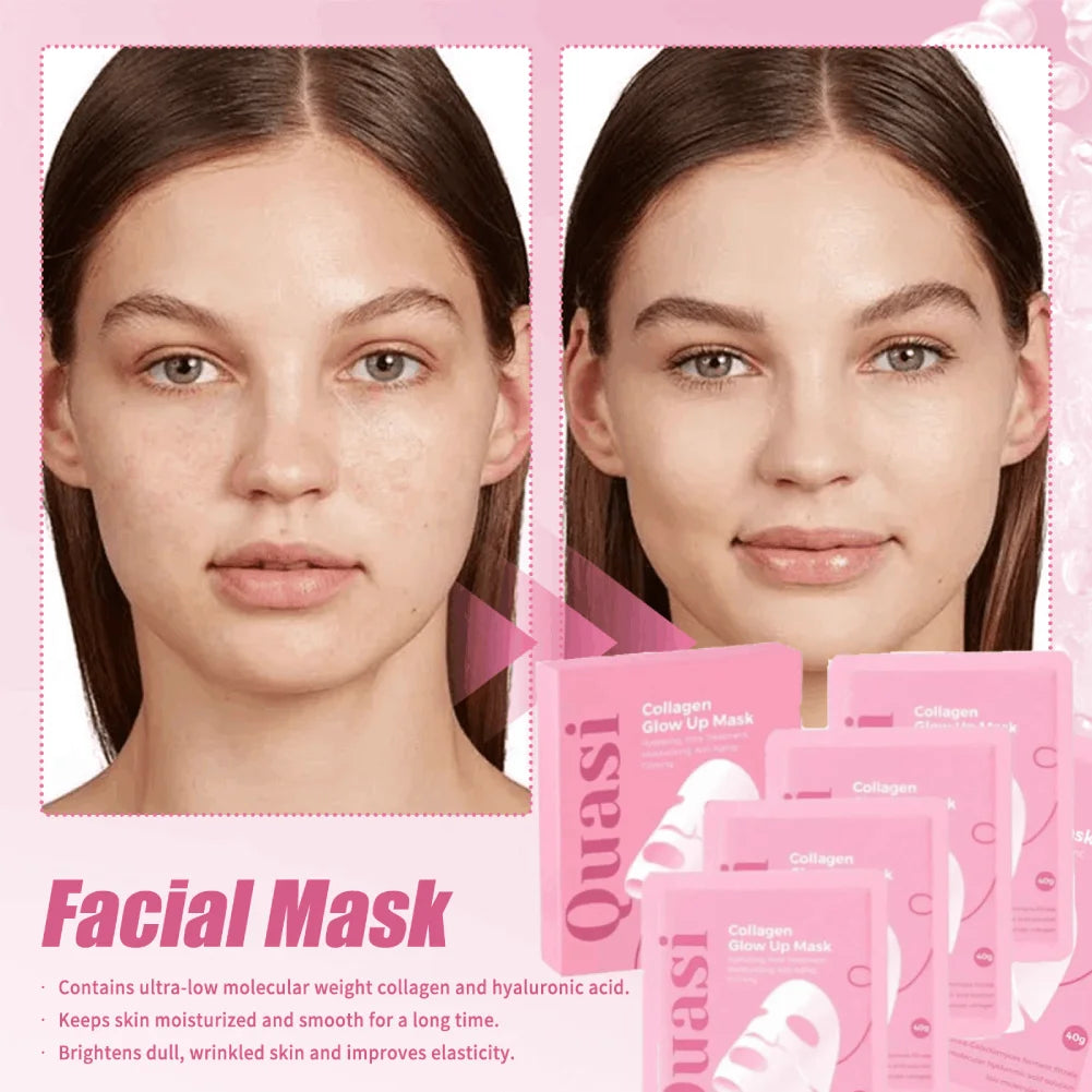 Facial mask packaging with a comparison of a woman's face before and after using the mask on a pink background.
