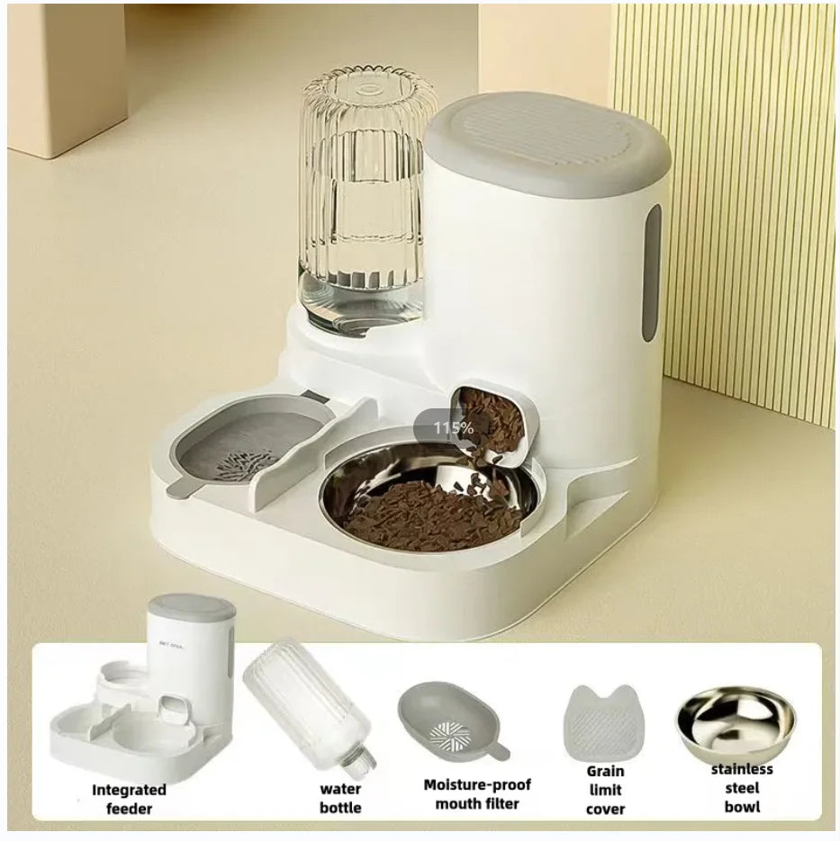 Pet feeding and water station with various components on a beige background