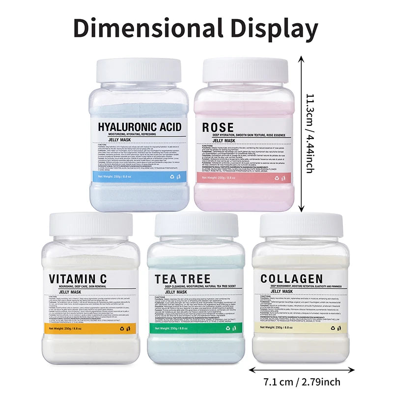 Set of five jelly mask containers with labels for Hyaluronic Acid, Rose, Vitamin C, Tea Tree, and Collagen, shown with dimensions.