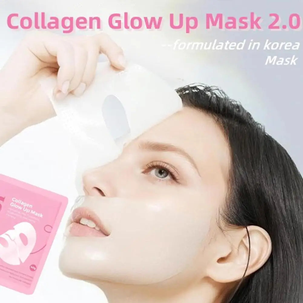 Person applying a collagen glow-up mask with text indicating it's formulated in Korea.