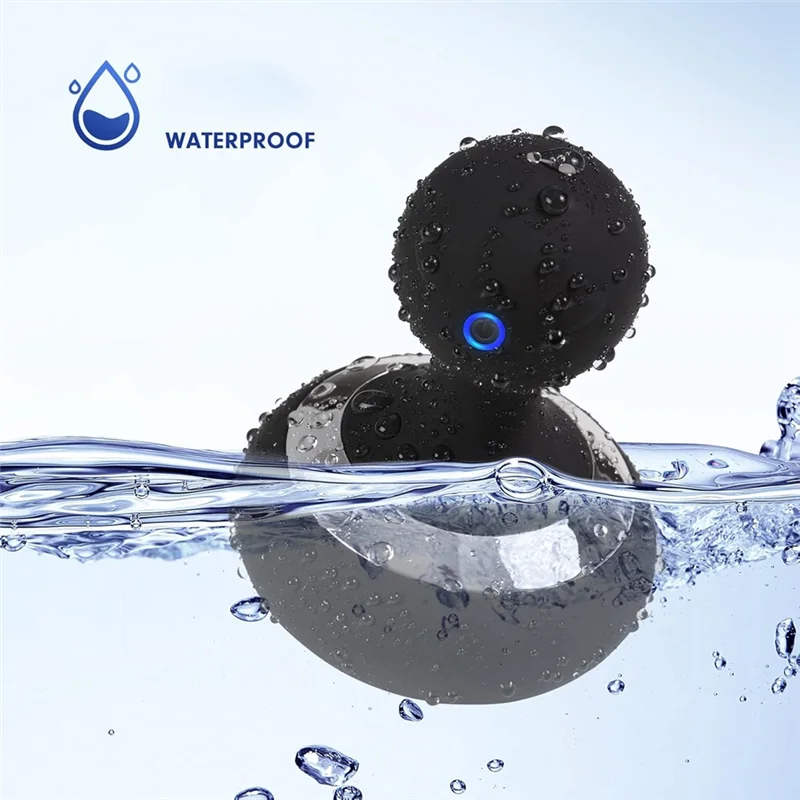 Two black balls with water droplets, one submerged in water, on a light blue background with '100% Waterproof' text.