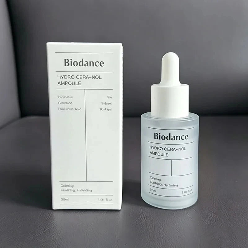 Biodance Hydro Cera-Nol Ampoule bottle and packaging on a dark surface