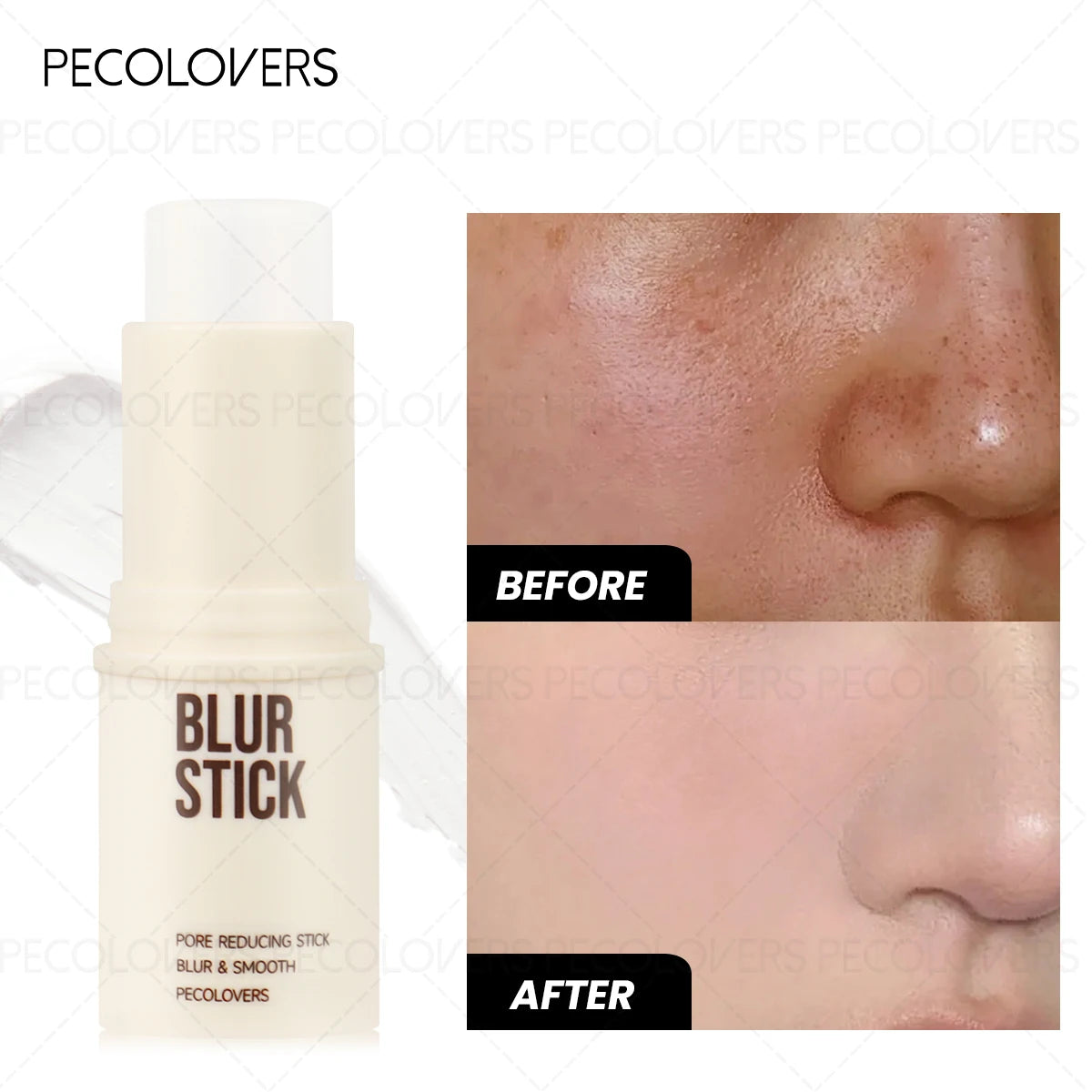 PecoLovers Blur Stick with 'Before' and 'After' skin texture comparison