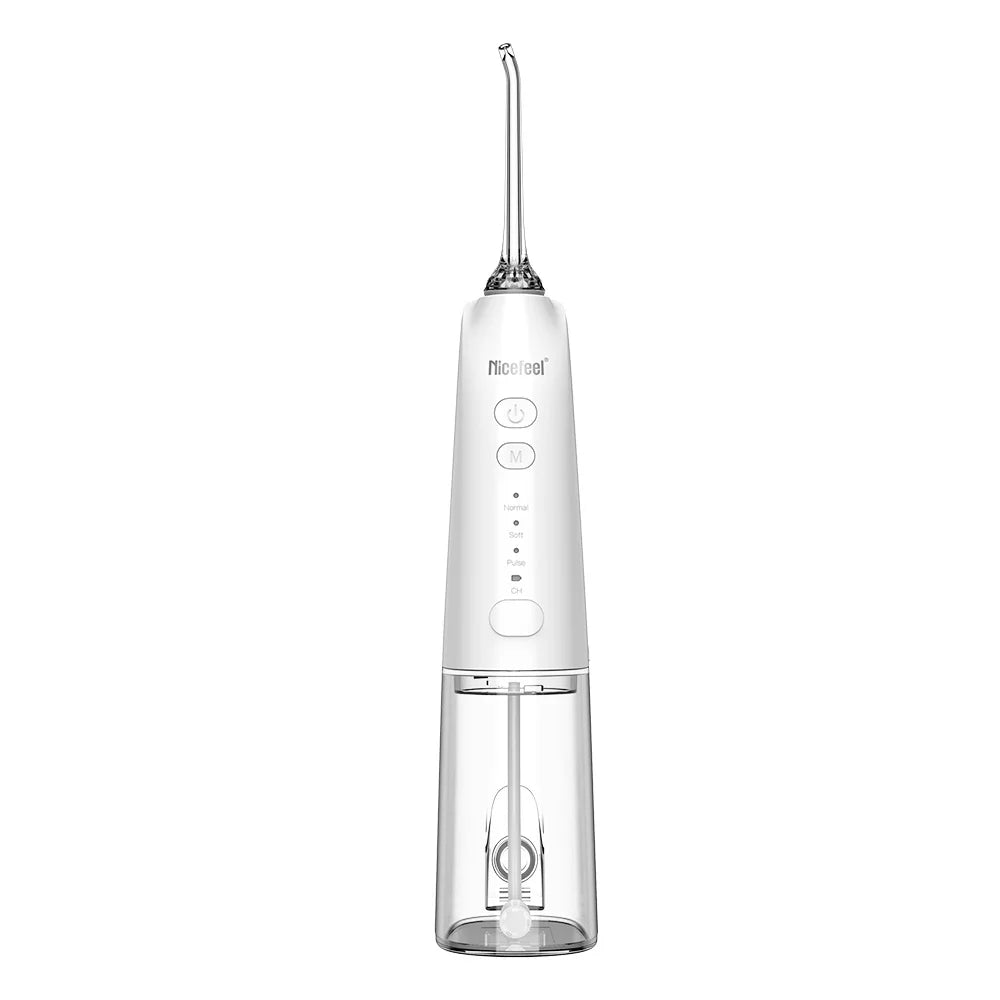 A white and clear electric oral irrigator water flosser with a silver nozzle, shown on a solid white background. The brand name 'Mocoool' is printed on the front of the device.