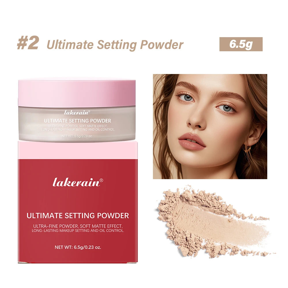 Lakerain Ultimate Setting Powder packaging with a close-up of a woman's face and powder sample.