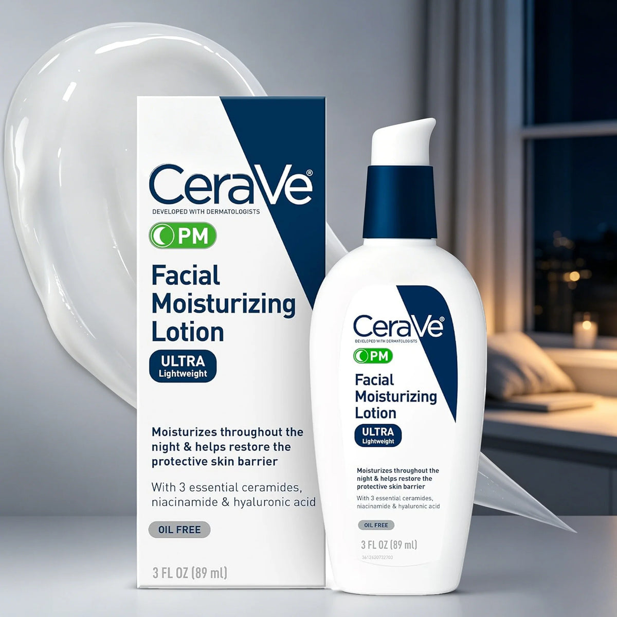 CeraVe facial moisturizing lotion packaging and bottle on a neutral background