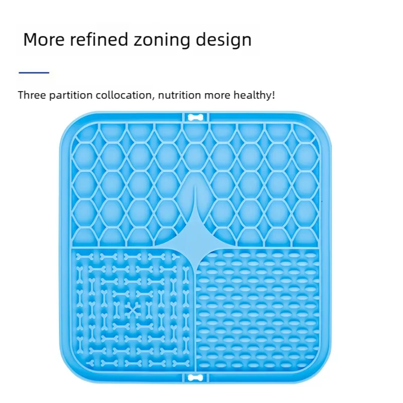 Blue pet food mat with honeycomb and grid patterns on a white background