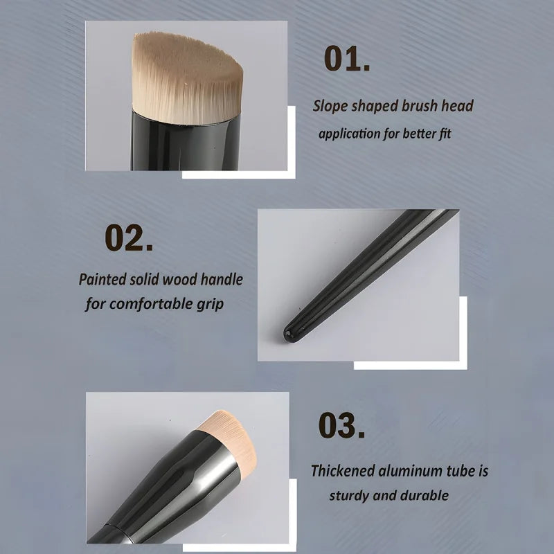 Makeup brush with features highlighted on a gray background
