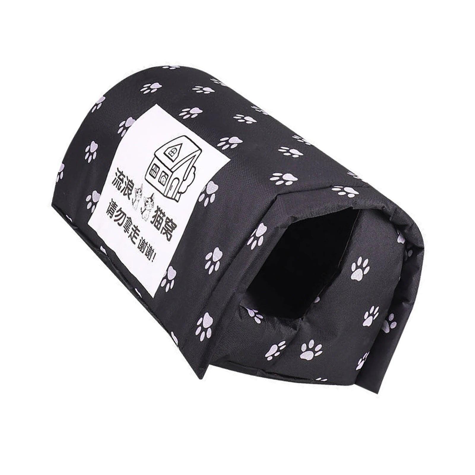 Black pet bed with white paw prints and a label on a white background