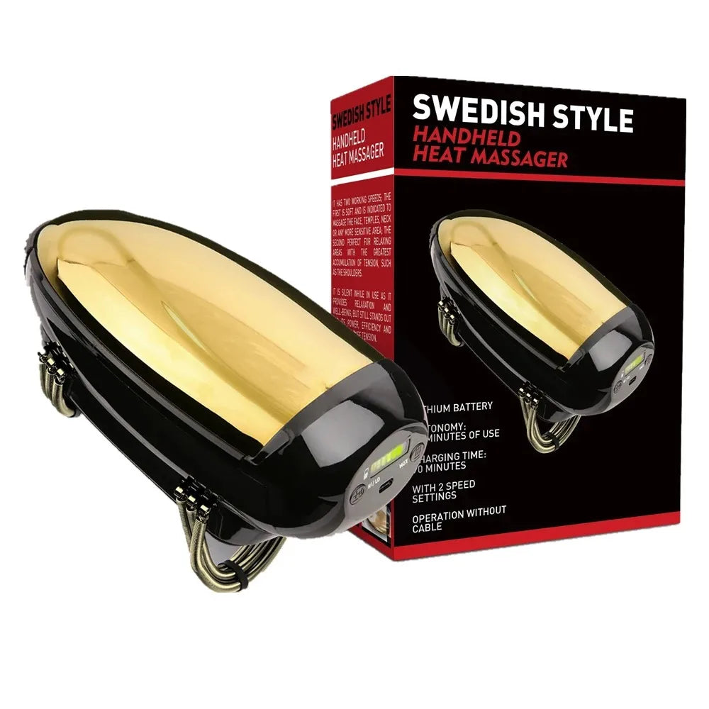 Handheld heat massager with black and gold design next to its packaging on a white background