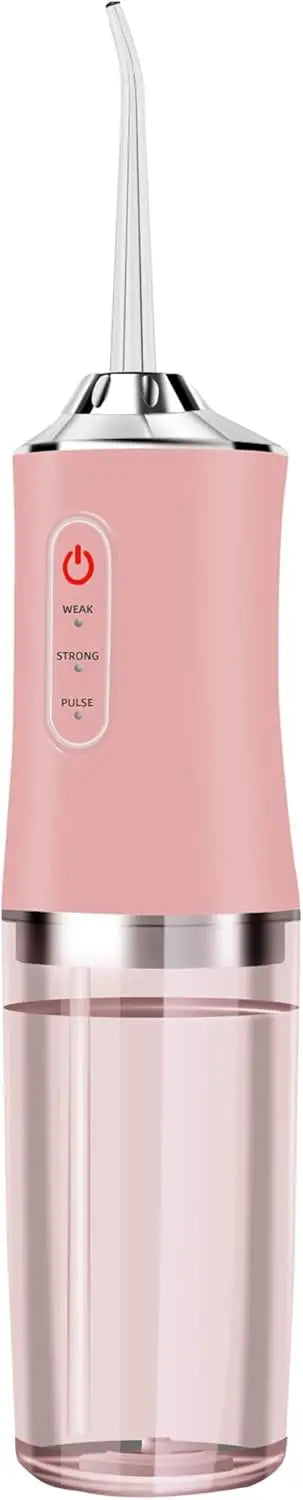 Pink dental water flosser with a clear reservoir on a white background