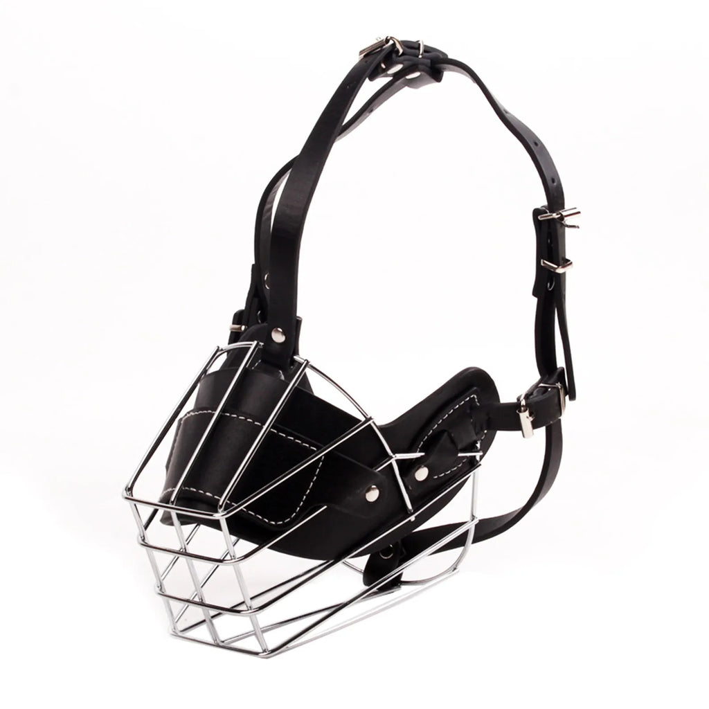 Black leather dog muzzle with metal wire cage on a white background